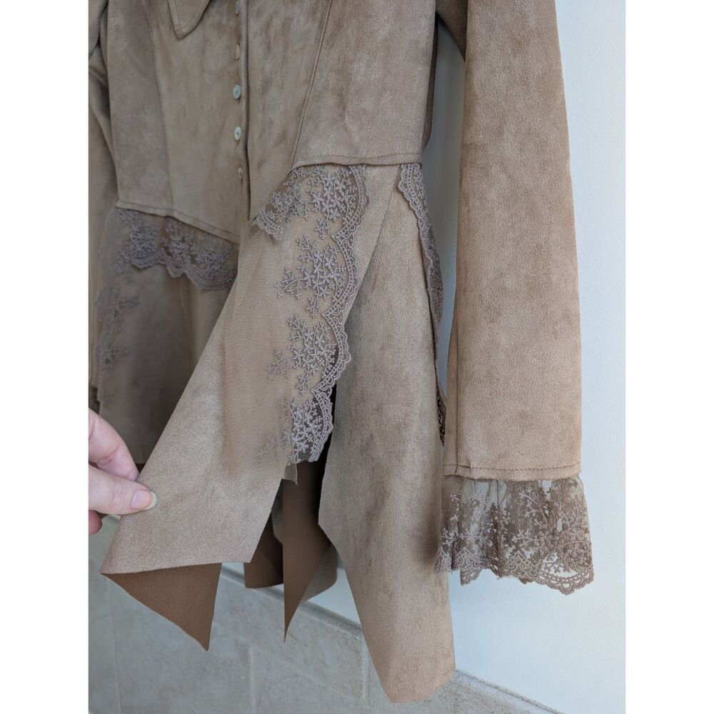 Venus Women M Faux Suede Lace Trim Tunic Jacket Lagenlook Boho Beige Fairycore - Picture 5 of 9